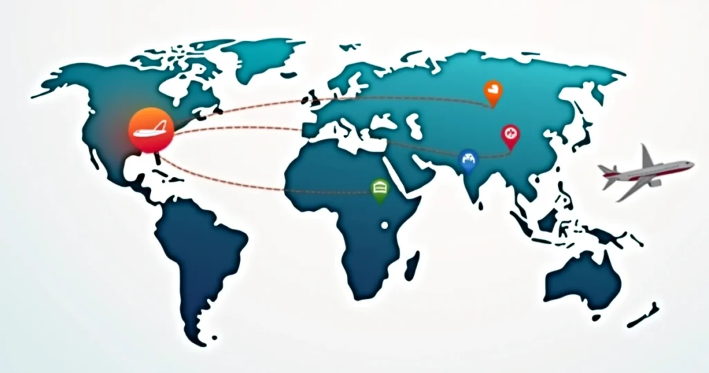 Mapa estilizado mostrando rotas da Latam de São Paulo para Cidade do Cabo Ushuaia e Punta Cana