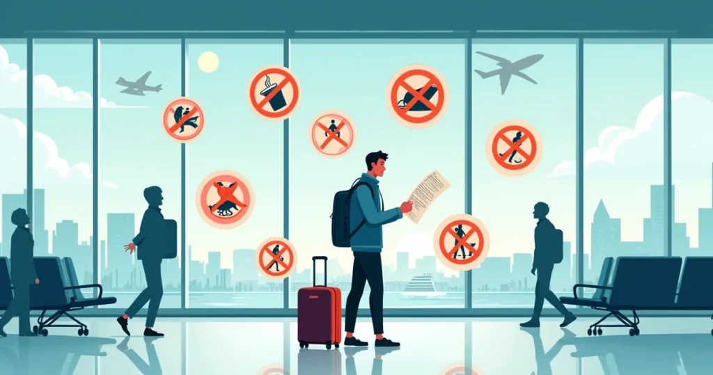 Viajante confuso cercado por placas de proibição internacionais em aeroporto