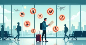 Viajante confuso cercado por placas de proibição internacionais em aeroporto