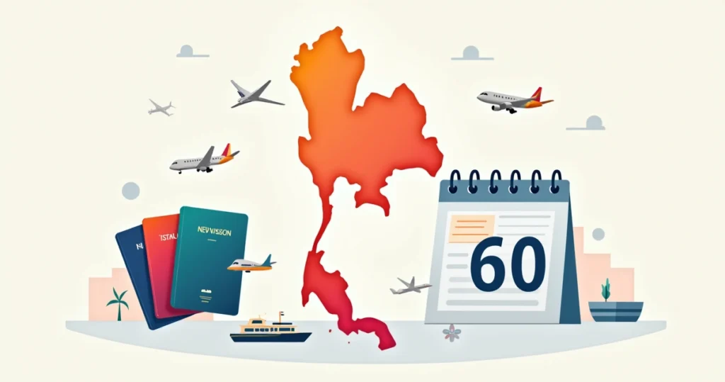 Mapa da Tailândia em destaque cercado por passaportes e calendário de viagem