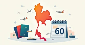 Mapa da Tailândia em destaque cercado por passaportes e calendário de viagem