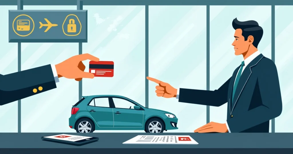 Balcão de locadora no exterior com cartão de crédito físico em destaque na entrega do carro