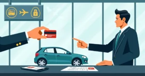 Balcão de locadora no exterior com cartão de crédito físico em destaque na entrega do carro