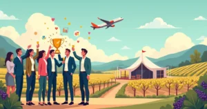 Equipe corporativa celebrando conquista em viagem de incentivo em um vinhedo