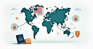 Mapa estilizado do mundo com foco em caução para vistos de viagem dos EUA