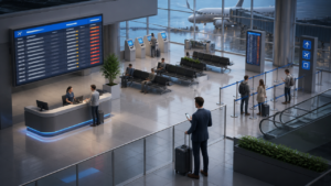 Painel de voos com atrasos e viajante corporativo em terminal aeroportuário