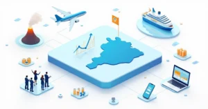 Painel com ícones de turismo, cruzeiros e viagens corporativas conectados em mapa do Brasil
