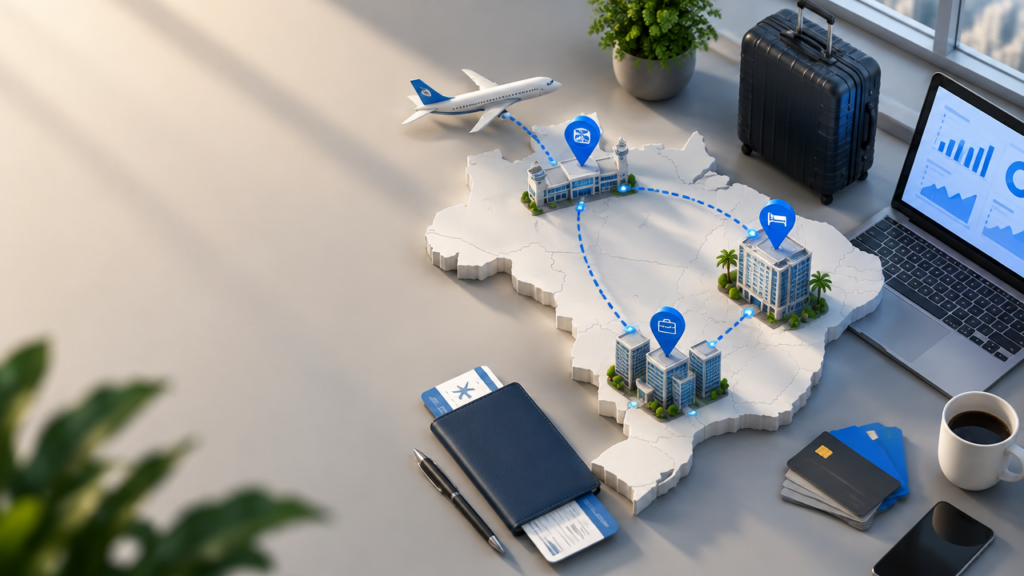 Ilustração isométrica de planejamento de viagens corporativas com rotas, hotel, avião e ferramentas de orçamento