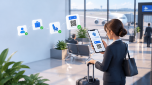 Viajante corporativa usando o celular no aeroporto para acessar um cartão de embarque digital